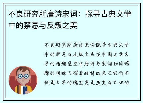 不良研究所唐诗宋词：探寻古典文学中的禁忌与反叛之美